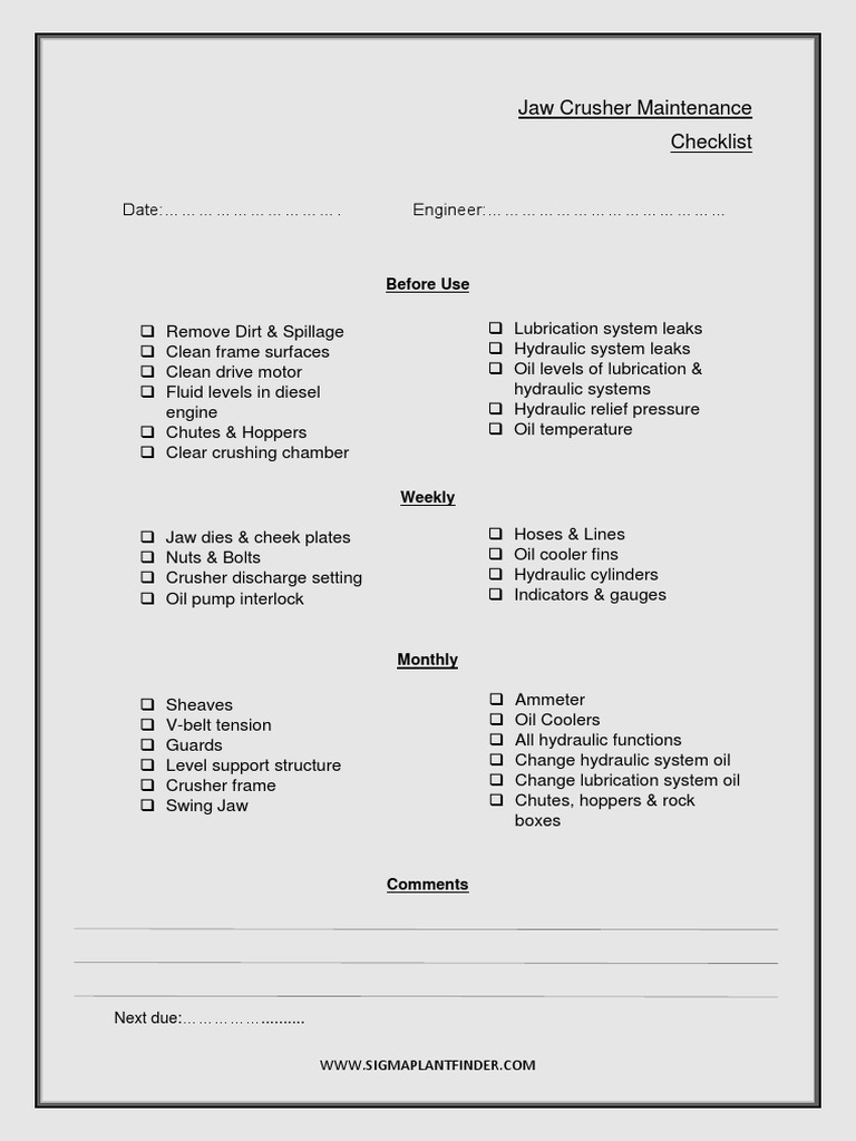 lista de verificacion de la trituradora de mandibulas