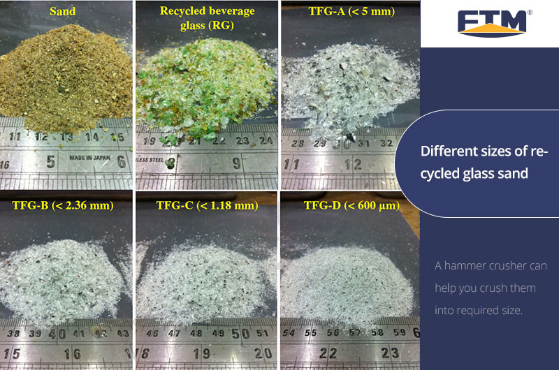 Tamaños habituales de arena de vidrio reciclado.