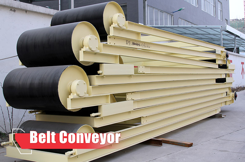 Belt conveyors transport materials between different process stages in a mine or stone crushing plant. 