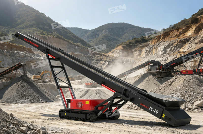 Tracked mobile conveyor for efficient stockpiling, transferring, loading, and conveying