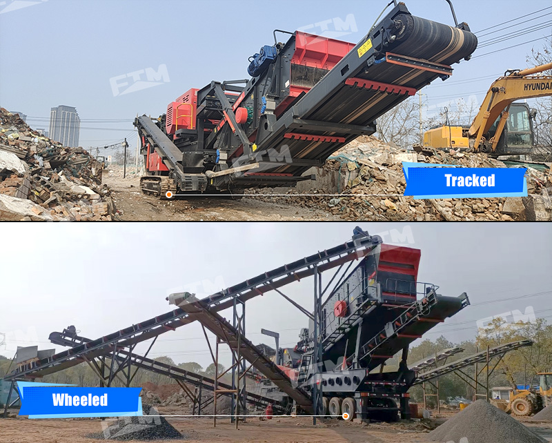 Tracked mobile crusher and wheeled mobile crusher at a job site
